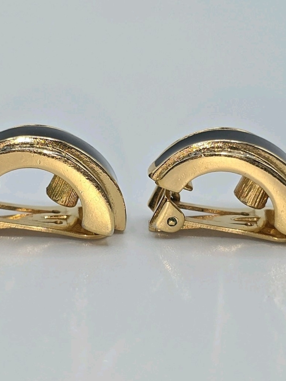 VTG Dior Gold Tone Black Enamel Rhinestone Clip Earrings Half Hoop Signed - Picture 12 of 16